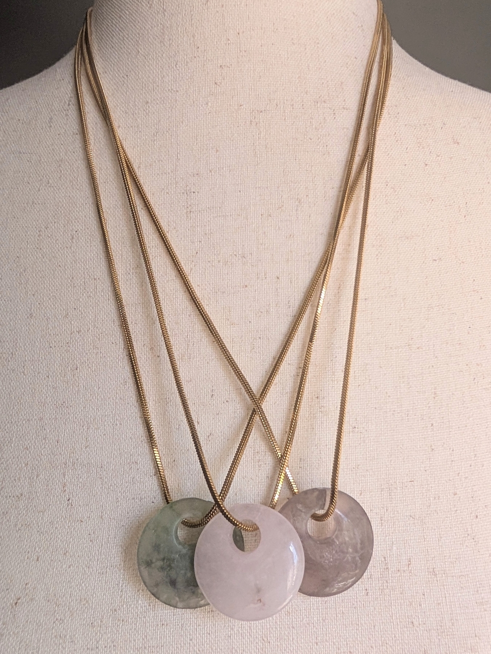Gold Chain Three-Stone Quartz Pendant Necklaces - Pink, Green, Gray